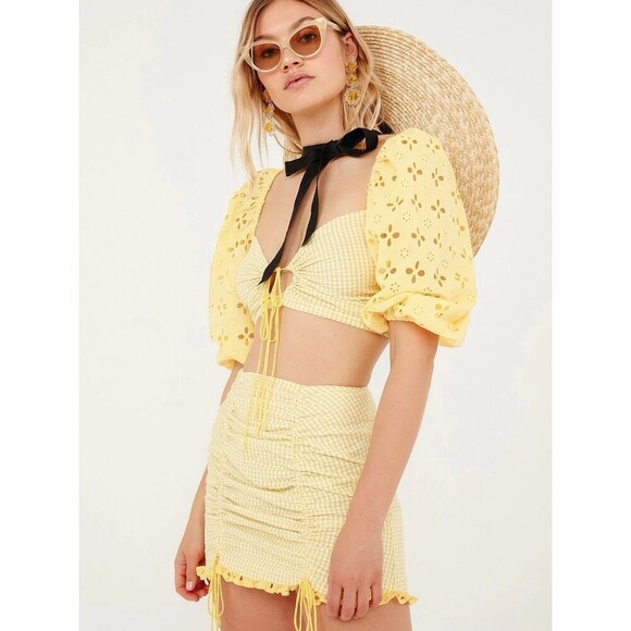 FOR LOVE & LEMONS Picnic Crop Top Sunshine Size XS Eyelet Puff Sleeves Gingham - Picture 1 of 5